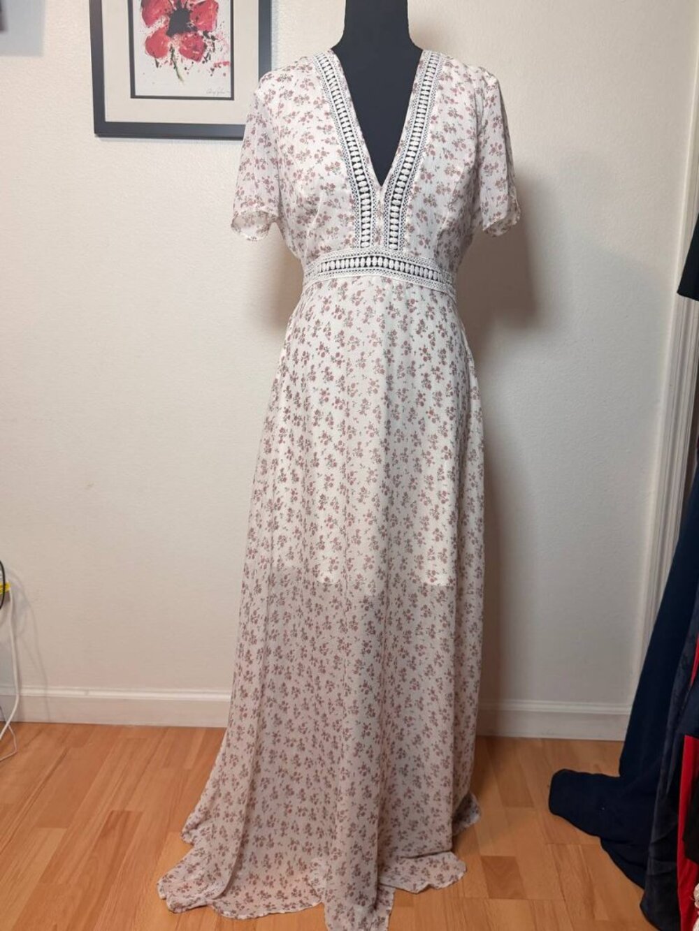 Aakaa Floral Maxi Dress with Crochet Lace Trim Boho Romantic V-Neck Gown